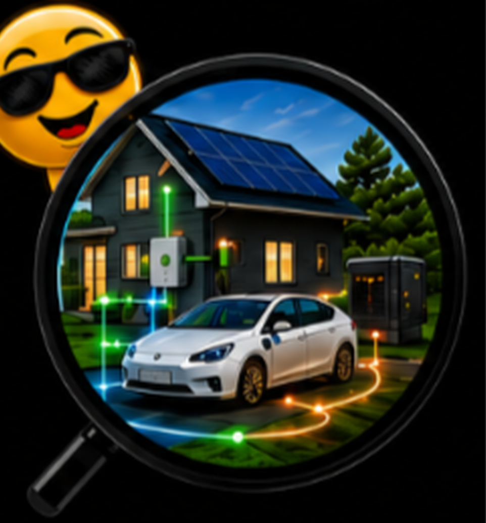 MSAModeling integrated energy ecosystem visual — Mikey inspecting a home with solar, battery, generator and EV energy flows